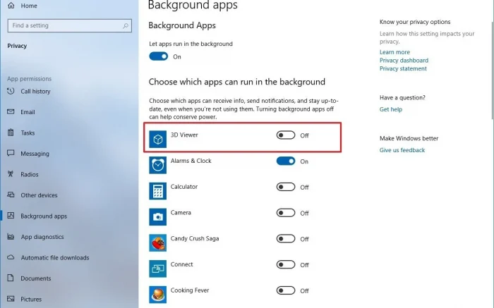 disable background apps windows 10